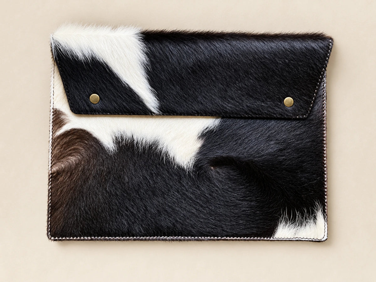 ADEEM hair-on cowhide laptop sleeve, broad flap with two gold-tone fastenings