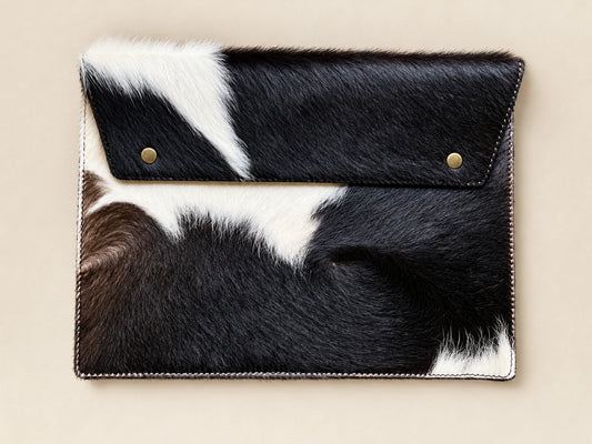 ADEEM hair-on cowhide laptop sleeve, broad flap with two gold-tone fastenings