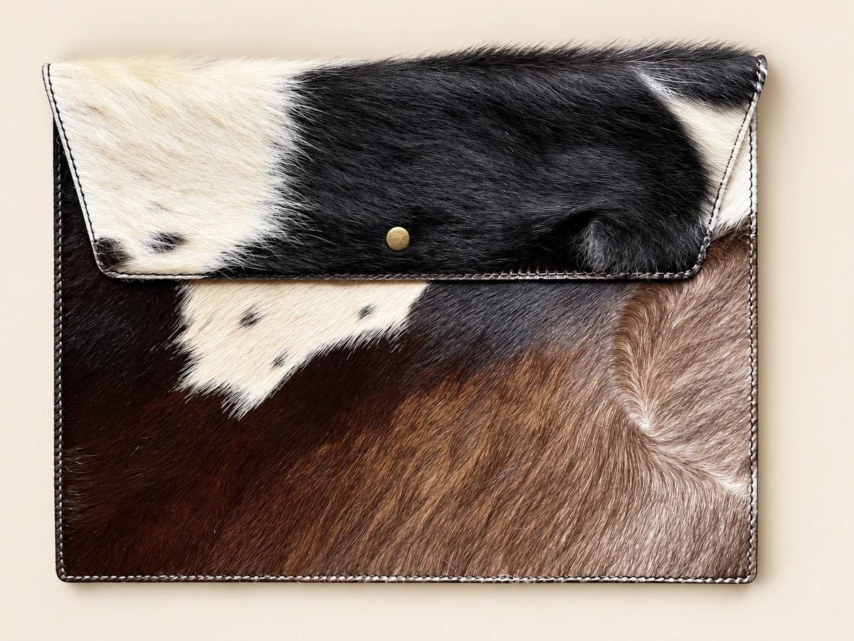 ADEEM cowhide sleeve with brown, black and ivory natural markings and gold-tone fastening