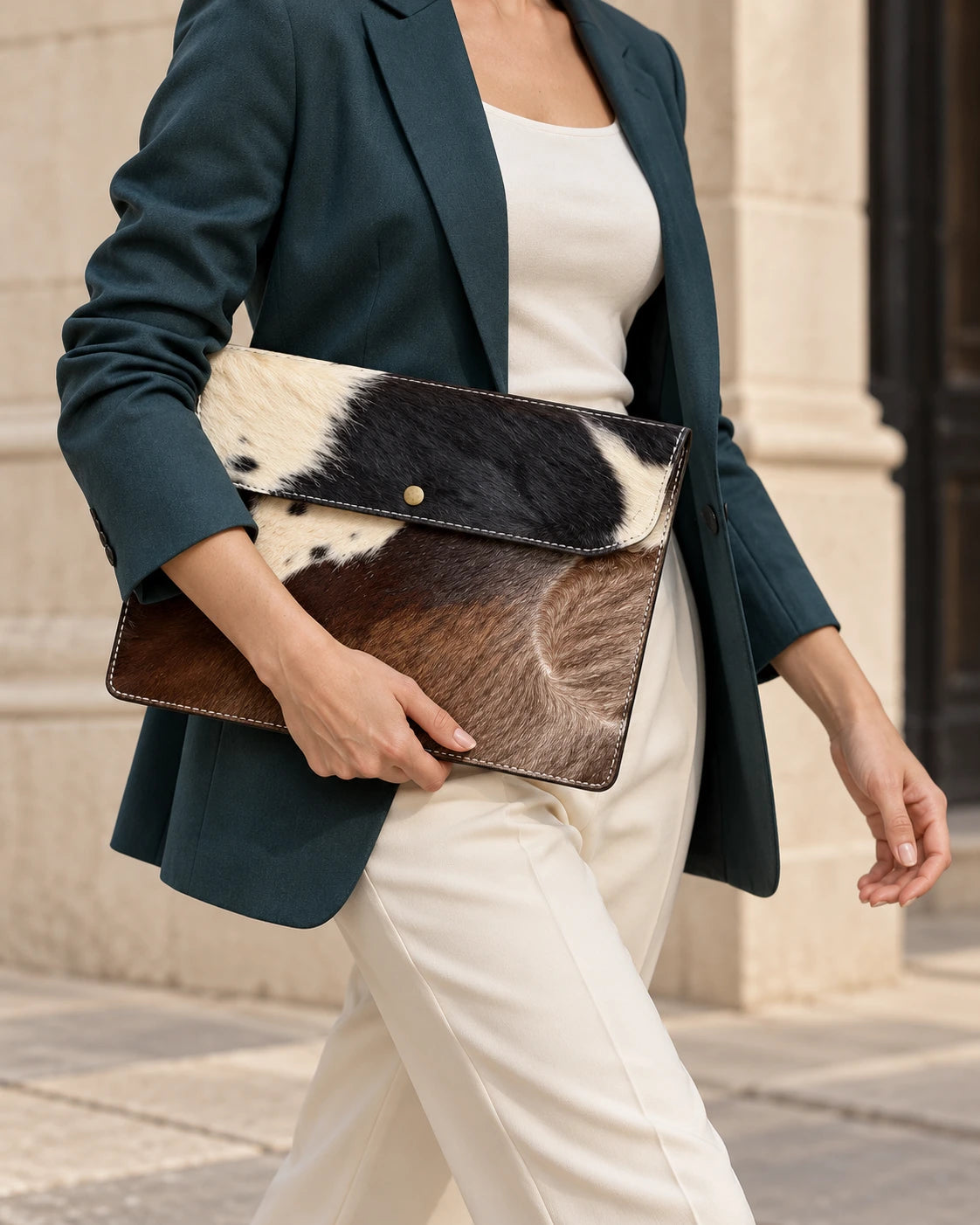 AI lifestyle image: woman in a teal blazer carrying the cowhide sleeve under her arm, face outside the frame