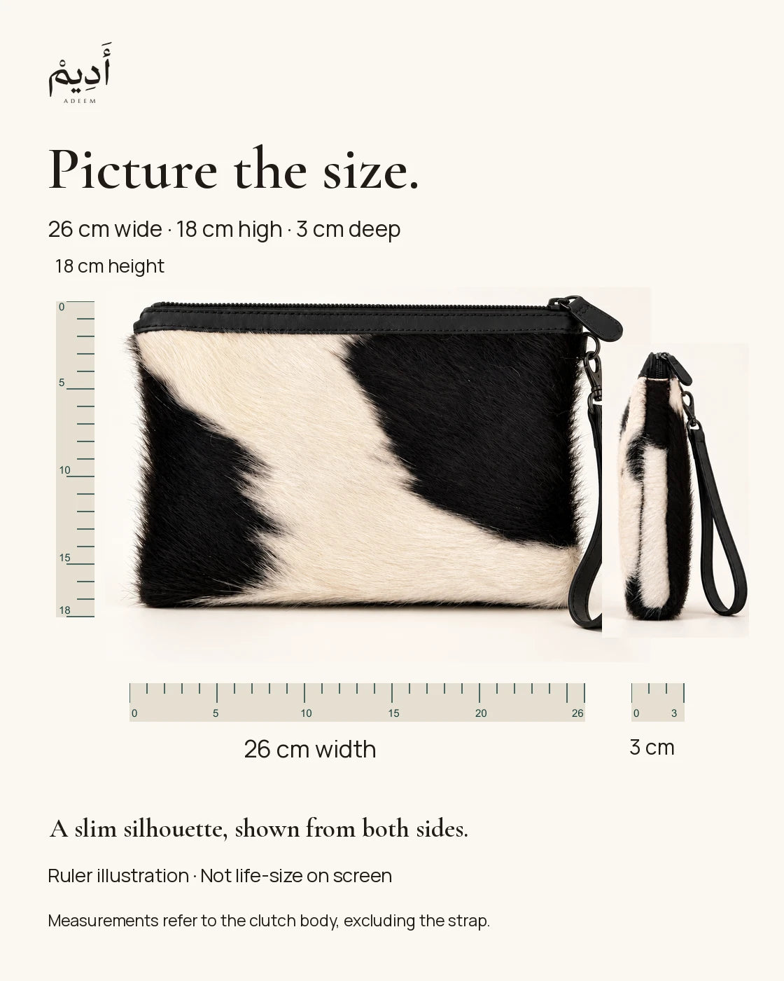 ADEEM clutch dimensions: 26 cm wide, 18 cm high and 3 cm deep, with illustrative ruler; not life-size.